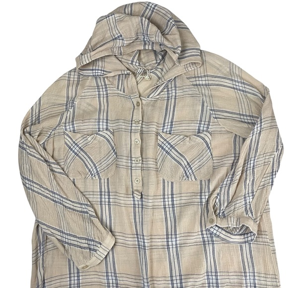 Free People Plaid Gauzy Pullover Hoodie Shirt Tan Large - Picture 10 of 10